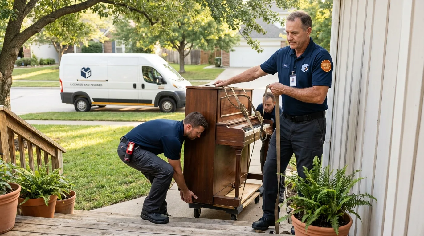 Licensed piano movers securing grand piano in Arcata, CA