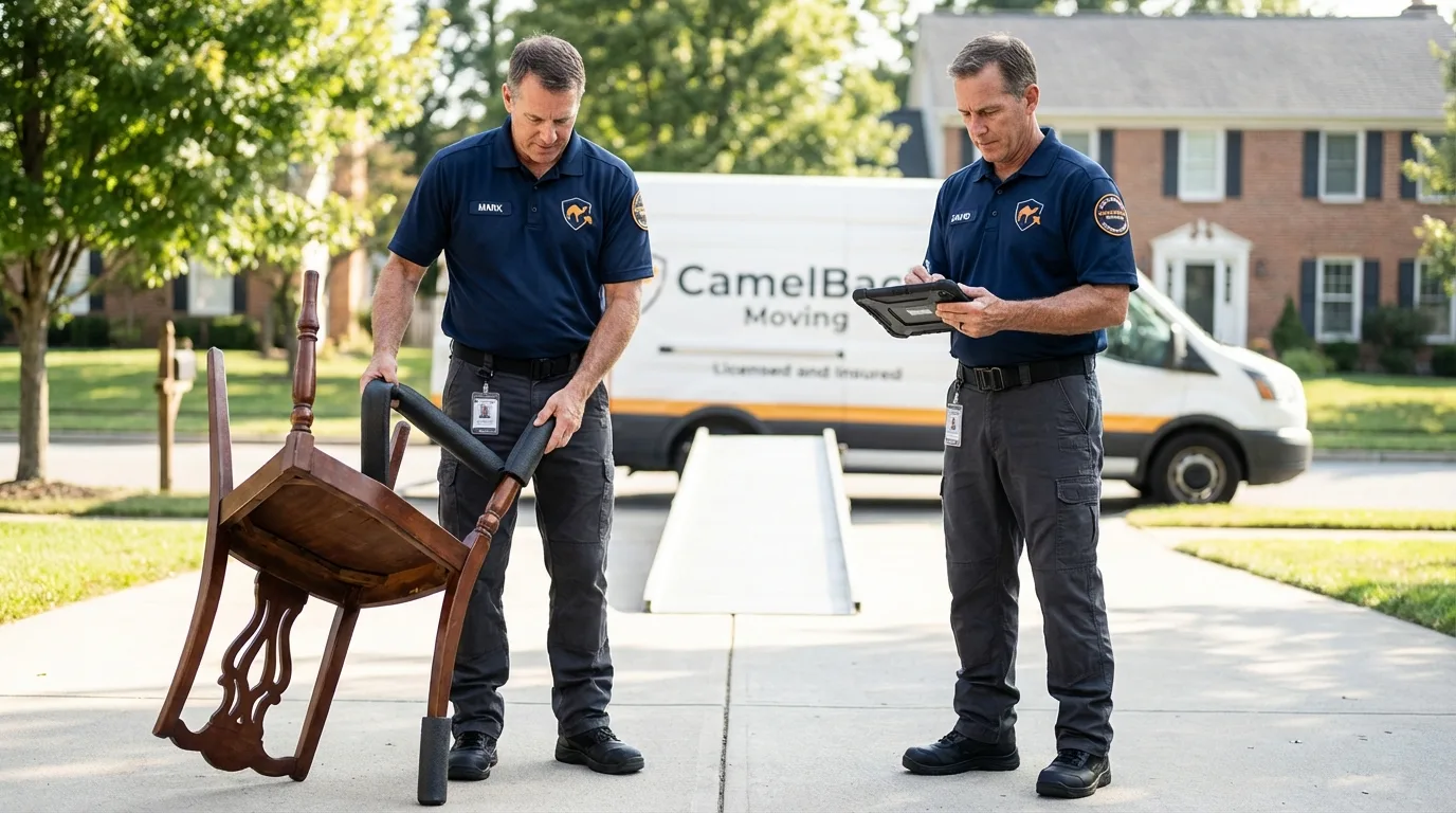Movers inspecting furniture for damage prevention before loading in Arcata, CA