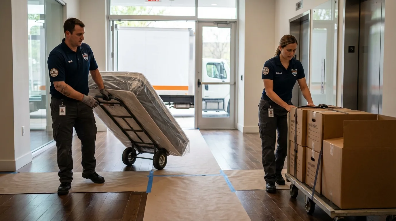 Professional apartment movers loading elevator in Arcata, CA