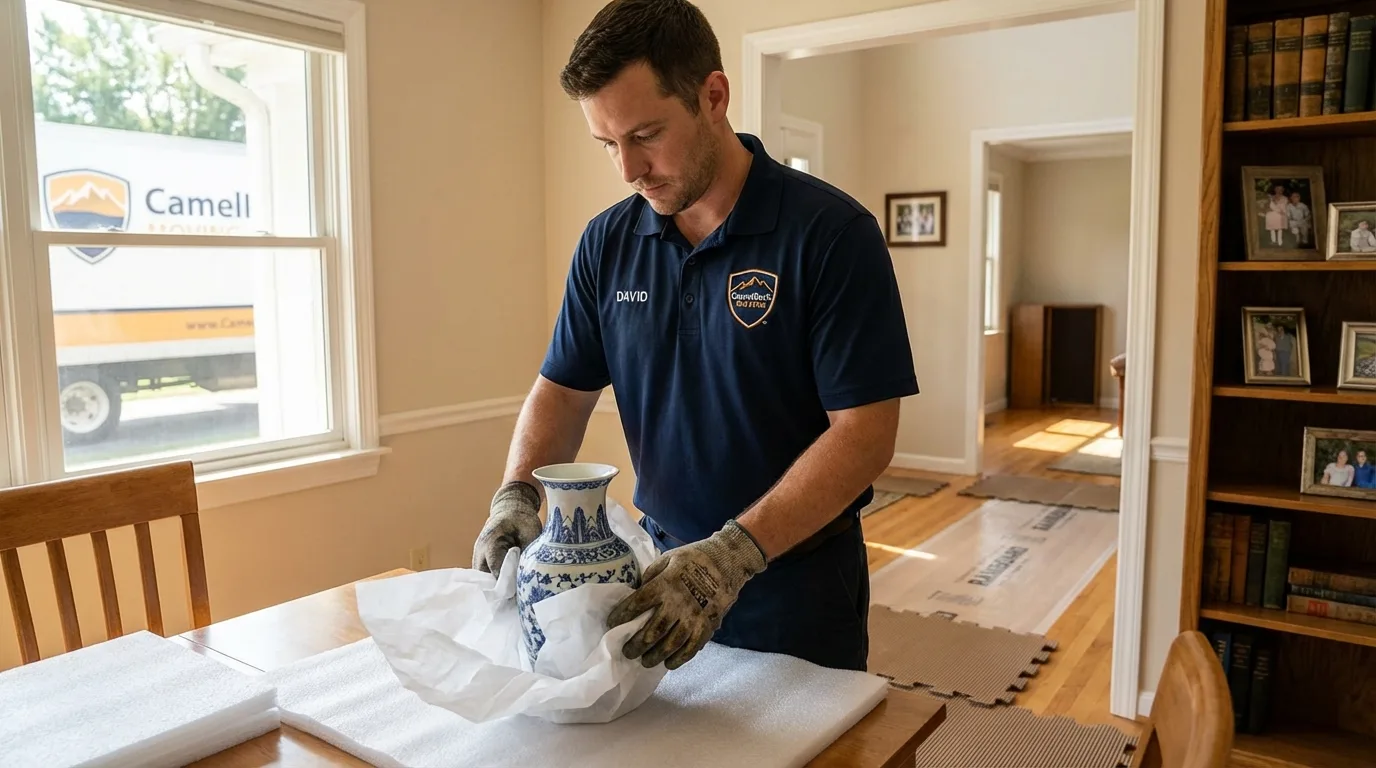 Professional crew carefully wrapping antique vase for senior downsizing move in Arcata, CA