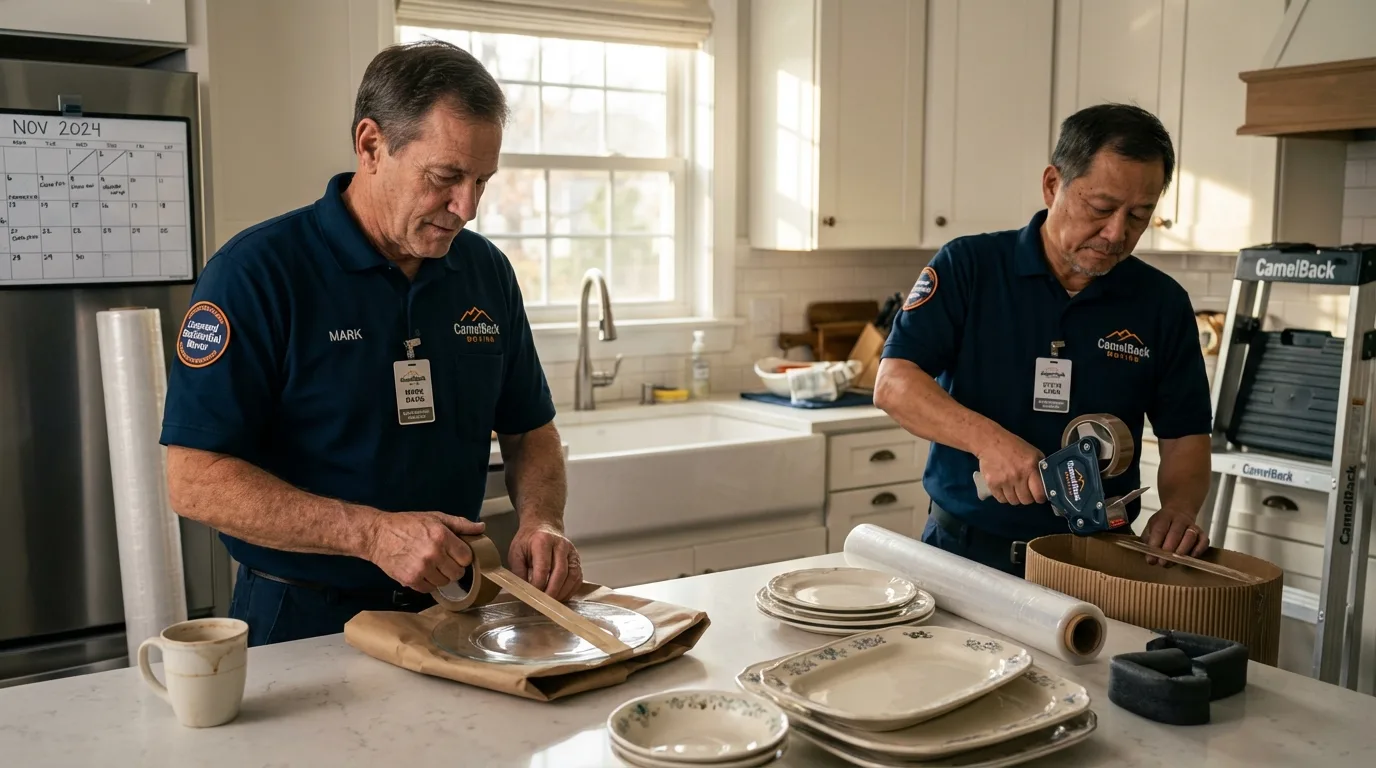 Professional crew packing kitchen dishware in Arcata, CA